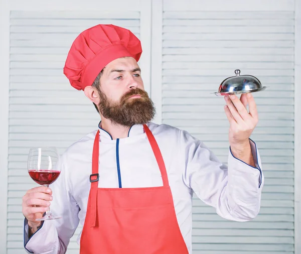 Cheers to friends. serve food. Cuisine culinary. man holds kitchen dish tray in restaurant. Healthy food cooking. Mature hipster with beard. Dieting organic food. Happy bearded man. chef recipe