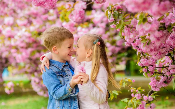 Romantische Babys. Zärtliche Liebesgefühle. Paar Kinder auf Blumen von Sakura-Baum Hintergrund. kleines Mädchen genießen Frühlingsblumen. Sie schenkt ihr alle Blumen. Überraschend. Kinder genießen rosa Kirschblüte — Stockfoto
