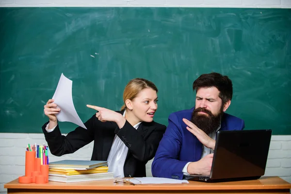 School education. Prepare for school lesson. Annual report. Teacher and supervisor working together in school classroom. Educational program. School educator with laptop and principal with documents — Stock Photo, Image