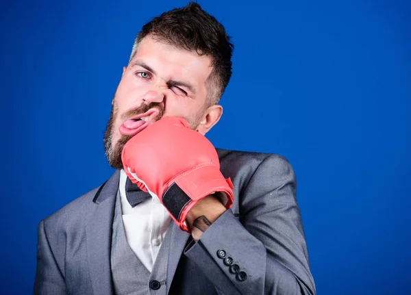 Powerful man boxer ready for corporate battle. knockout and energy. Fight. Business and sport success. businessman in formal suit and bow tie. bearded man in boxing gloves punching. Never stop — Stock Photo, Image