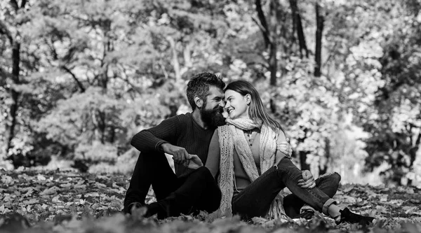 Girl and bearded guy or happy lovers on date cuddle — Stock Photo, Image