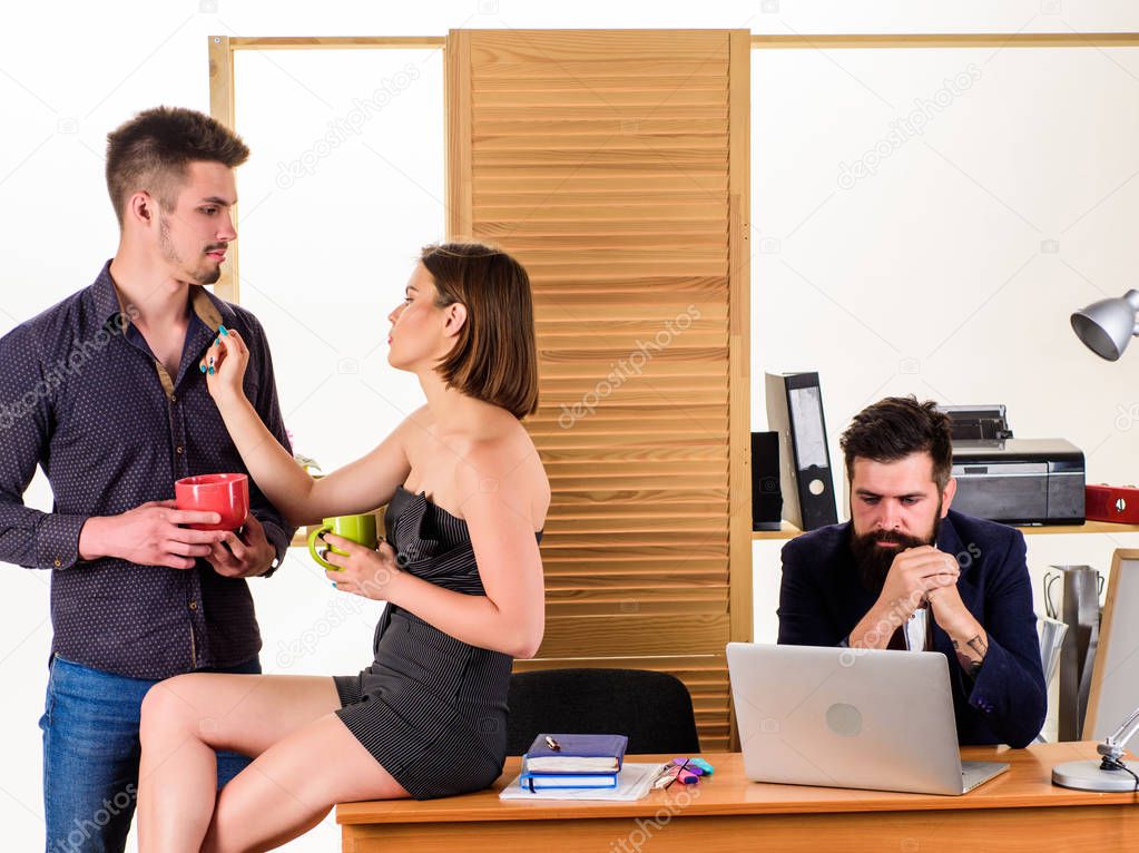 Woman flirting with coworker. Woman attractive working man colleague. Office collective concept. More than just friends. Sexual desire. Flirting and seduction. Flirting with coworker coffee break