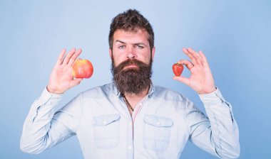 Meyve ve meyve eller sağlıklı alternatif. Vitamini meyve beslenme kavramı. Vitamini diyet sağlık. Adam düşünceli tutan apple ve çilek eller mavi arka plan sakallı. Meyve ya da berrie