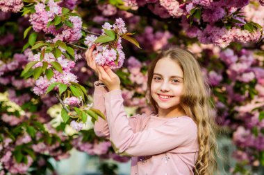 Mutlu bahar tatilleri. Park ve bahçe. Bahar çiçek açan kız küçük çocuk. Güneşli bir gün için ihale çiçek kokusu keyfini çıkarın. Sakura çiçek konsepti. Muhteşem çiçek güzelliği. Kız kiraz çiçek arka plan