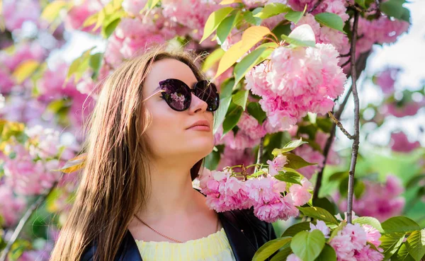 Sakura arbre en fleurs. Doux et tendre. Superbe fleur et beauté féminine. Femme en fleur de printemps fleurissent. Soins de la peau et spa. Cosmétiques naturels pour la peau. Le paradis rose. Fille en fleur de cerisier fleur — Photo