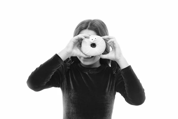 Happy childhood and sweet treats. Donut breaking diet concept. Girl hold glazed donut white background. Kid girl hungry for sweet donut. Sugar levels and healthy nutrition. Donut her sweet obsession — Stock Photo, Image