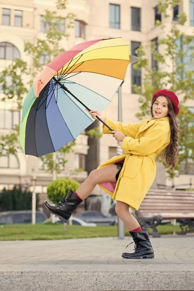 Stay positive fall season. Colorful fall accessory positive influence. Ways brighten your fall mood. Girl child long hair ready meet fall weather with umbrella. Colorful accessory for cheerful mood