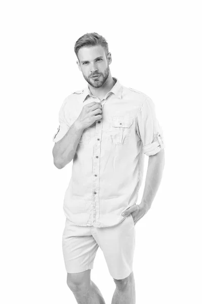 ¿Qué hombre debe usar la primera cita. Hombre barbudo macho preparar ropa para la fecha. Estilo cómodo casual. Concepto de camisa fresca. Estilo de inspiración y consejos. Traje de estilo casual. Confiado con su estilo — Foto de Stock