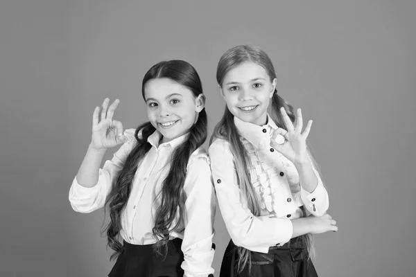 Haciendo amigos mientras estudiaba en la escuela. Concepto de amistad escolar. Niños alegres. Motivación estudiando con el mejor amigo. Chicas mejores amigos compañeros de escuela uniforme. Relaciones amistosas en la escuela — Foto de Stock