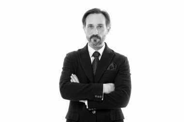 Her biri için mükemmel bir takım. Adam yakışıklı olgun moda model beyaz arka plan üzerinde şık takım elbise giymek. Ismarlama takım elbise her takan yağ çekme. Takım elbise beyler güven duygusu aşılamak