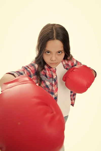 Feel powerful. Girls power concept. Feminist upbringing and female rights. Fight for her rights. Female rights and liberties. Girl boxing gloves ready to fight. Kid strong and independent girl