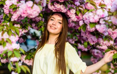 Sakura ağacı açıyor. Yumuşak ve yumuşak. Muhteşem çiçek ve kadın güzelliği. Bahar çiçeğindeki kadın. Cilt için doğal kozmetik. Çiçek cenneti. Çiçek çiyi. Kiraz çiçeği çiçek kız