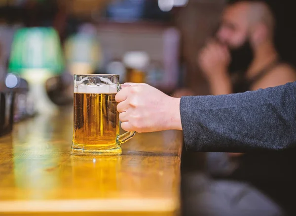 Friday leisure tradition. Beer pub concept. Weekend lifestyle. Beer mug on bar counter defocused background. Glass with fresh lager draft beer with foam. Mug filled with cold tasty beer in bar — Stock Photo, Image