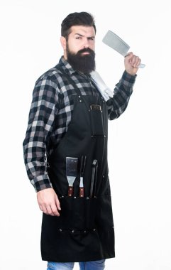 En iyi aşçı en iyi eti kesiyor. Kasap bıçağıyla et şefi. Elinde et kıyma bıçağı tutan sakallı adam. Keskin şef bıçak veya kesici ile Kasap. Bıçak giyen kasap önlük ile Barbekü şef
