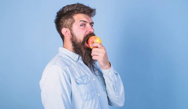 Adam diyet beslenme meyve yiyor. Sağlıklı beslenme kavramı. Adam yakışıklı hippi uzun sakal yeme apple ile. Hipster aç sulu olgun elma yiyor. Meyve sağlıklı yemek saati her zaman iyi bir fikir. Elma aşk