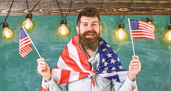 Patriotic education concept. Student exchange program. Man with beard and mustache on happy face holds flags of USA, in classroom, chalkboard on background. American teacher waves with american flags