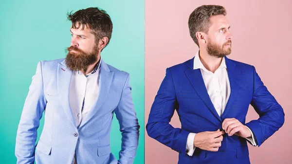 Businessman stylish appearance jacket pink blue background. Business people fashion and formal style. Business partners with bearded faces. Business fashion luxury menswear. Formal outfit for manager