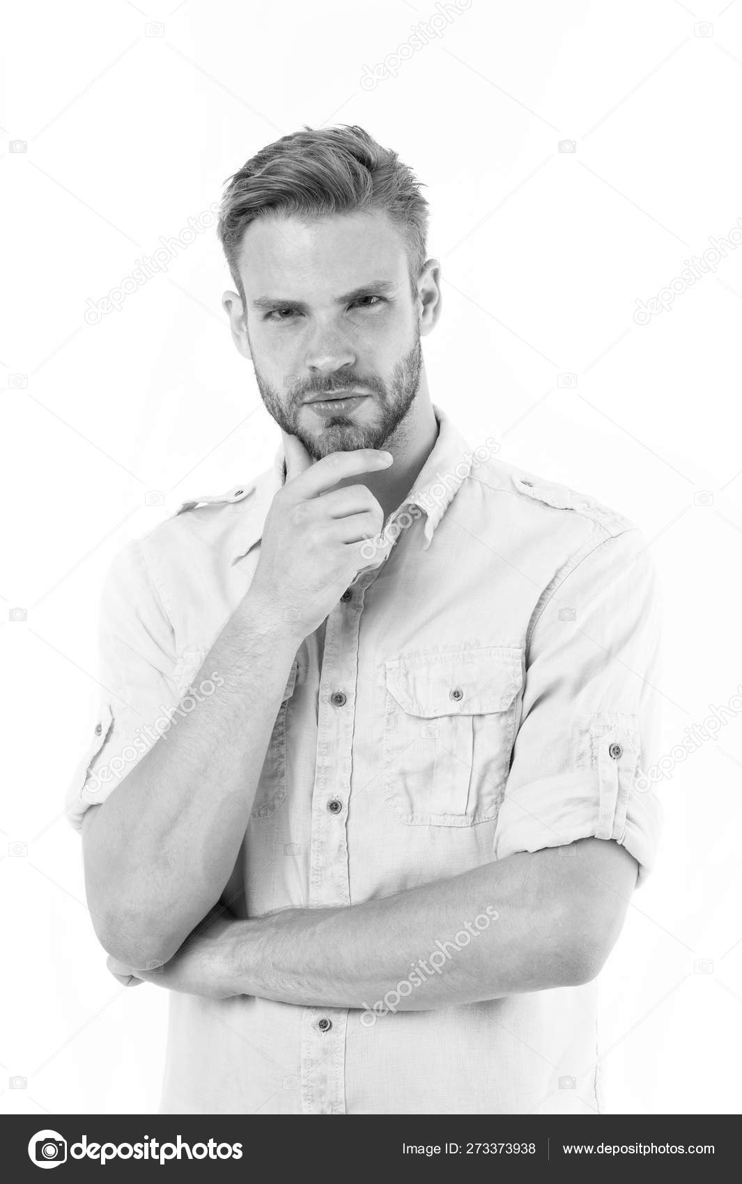 Close To Solution Man With Bristle Serious Face Thinking White