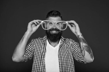 Man brutal bearded hipster wear funny eyeglasses accessory. Human strengths and virtues. Positive mood. Positive psychology. Overcome life troubles with smile. Happiness and positive. Stay positive clipart