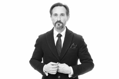 Ismarlama takım elbise her takan yağ çekme. Takım elbise beyler güven duygusu aşılamak. Adam yakışıklı emin olgun moda model beyaz arka plan üzerinde şık takım elbise giymek. Takım elbiseni accessorize yolları