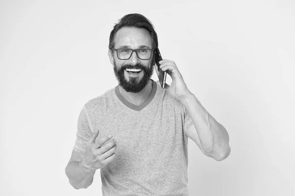 Brutal caucasian hipster with moustache. happy conversation. Business. Bearded man speaking on phone. modern life with digital technology. Mature hipster with beard. Confident and handsome Brutal man — Stock Photo, Image