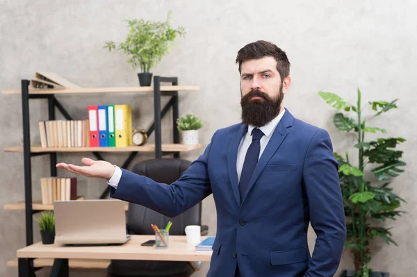 Man bearded top manager boss in office. Business career. Start own business. Business man formal suit successful guy. Run a company. Human resources. Job interview. Recruiter professional occupation