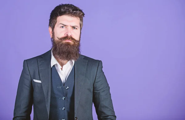 Bearded man event manager. Male formal fashion. Stylish event manager. brutal caucasian hipster with moustache. Businessman in suit. Mature hipster with beard. event manager. copy space