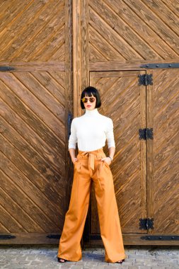 Kadınlık ve vurgu kadınsı rakam. Kız gevşek yüksek belli pantolon giymek. Moda Dükkanı. Yüksek belli pantolon moda trend. Yüksek bel pantolon. Kadın çekici esmer moda giysi giymek