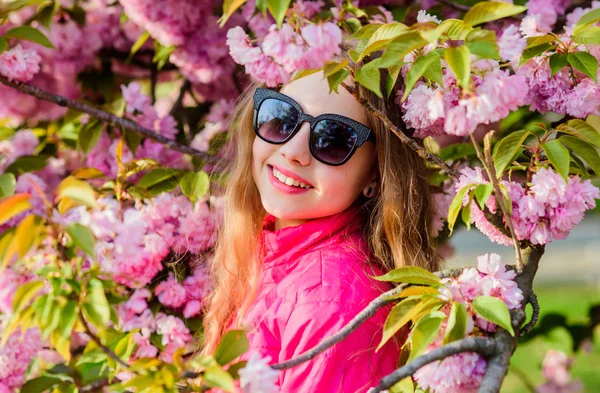 Sakura concept de fleur. Superbe fleur et beauté féminine. Fille fond de fleur de cerisier. Sakura arbre en fleurs. Parc et jardin. Petite fille enfant au printemps fleur fleurir. Profitez d'une odeur de fleur tendre — Photo