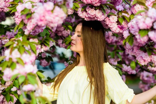 Ragazza in fiore di ciliegio. Albero Sakura in fiore. Morbido e tenero. Splendido fiore e bellezza femminile. La donna in fiore di primavera sboccia. Cosmetici naturali per pelle. Paradiso floreale. Negozio floreale — Foto Stock