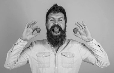 Biz ne yemek vardır. Adam berry tat tadını çıkarın. Berry ağız hipster sakallı. Çilekli tatlı tadı kavramı. Adam yakışıklı hipster uzun sakal yiyecek çilek tutun. Hipster neşeli zevk sulu çilek
