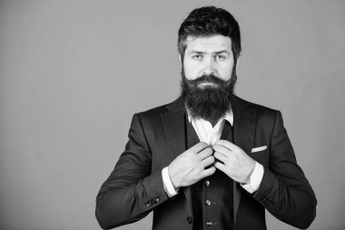 Her şey mükemmel olmalı. Takım iş adamı. acımasız beyaz hipster. Sakalı olgun hipster. Halkla ilişkiler uzmanı. Erkek resmi moda. Şık PR-uzman. Sakallı adam PR-uzman
