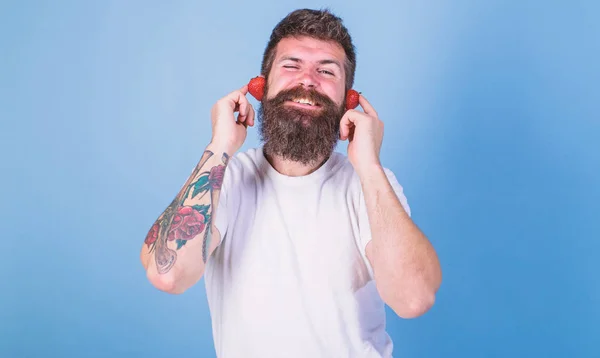 Homem barbudo hipster vermelho maduro orelhas de morango como fones de ouvido. Gráfico de rádio de verão. Guy desfrutar de som suculento música hit verão. Hipster barba ouvir música fones de ouvido de morango. Conceito de sucesso verão — Fotografia de Stock