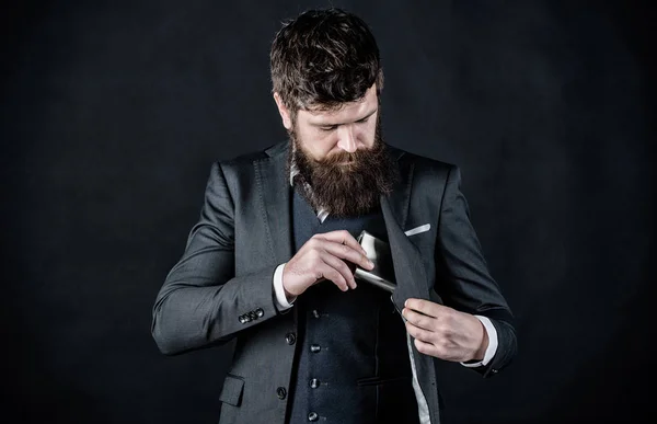 Elegant and stylish hipster. Retro fashion hat. Man with hat. Vintage  fashion. Man well groomed bearded gentleman on dark background. Male  fashion and menswear. Formal suit classic style outfit Stock Photo