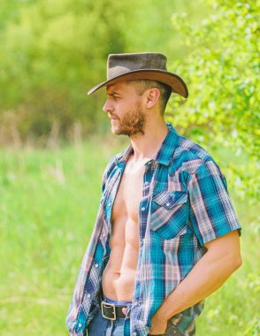 Rancho'nun sahibi. Adam traşsız yüz kaslı gövde kovboy. Çiftlik konsepti. Adam sakallı kovboy doğada. Maço altı paketleri gövde rustik tarzı giysiler ve kovboy şapkası giymek. Güçlü ve kendine güvenen kovboy