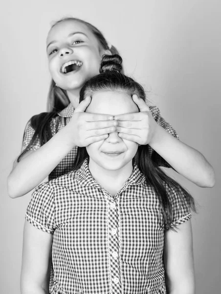 Family love. Sisterhood concept. Happy children play together. Having sister is always fun. Best friends forever. Happy childhood. Girls sisters having fun together. Adorable sisters smiling faces — Stock Photo, Image