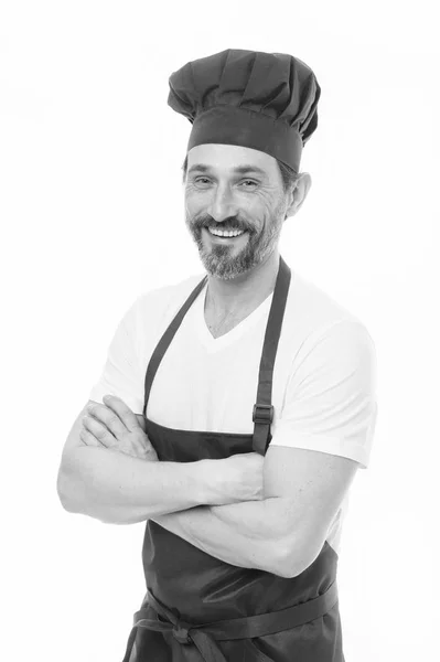 Bem-vindo à minha cozinha. Homem de avental. Confiante maduro bonito homem branco fundo. Cozinhar como ocupação profissional. Uniforme para cozinhar. Chef no restaurante. Cozinhar é o meu hobby. Aprender a cozinhar — Fotografia de Stock