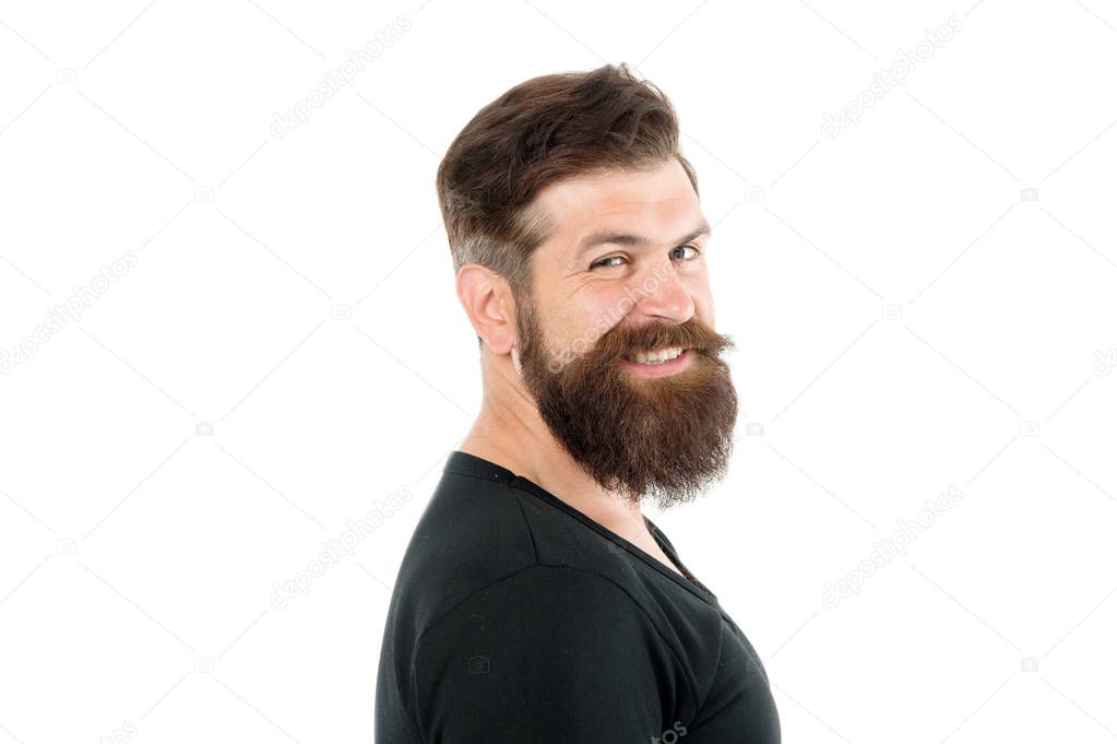 Smiling macho. Barber shop concept. Man bearded hipster with mustache. Beard mustache grooming guide. Hipster handsome bearded guy white background. Growing and maintaining moustache. Grow mustache