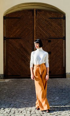 kısa esmer saçlı kendine güvenen güzellik. trendy makyaj. Kırmızı dudaklı kadın. Işkadını. ahşap arka plan üzerinde zarif kadın. moda ve güzellik. seksi moda modeli. Hırslı ve güzel