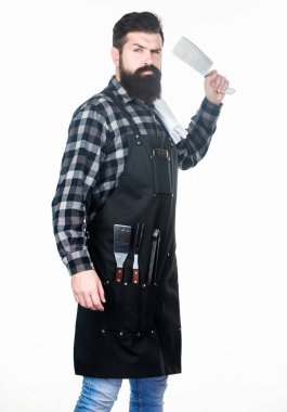 Hassas kesim için mükemmeldir. Kasap baltası tutan acımasız aşçı. Elinde keskin şef bıçağı veya kesici ile Kasap. Kasap bıçağı olan sakallı adam. Kasap önlük giyen et kıyma bıçak ile Hipster