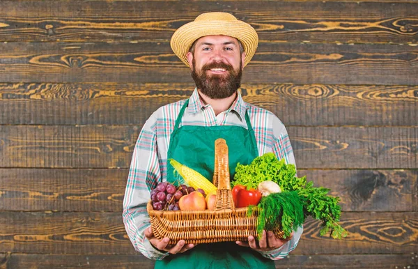 Farmer házi zöldségekkel a kosárban. Ember szakállas farmer bemutató öko zöldségek fa háttér. Friss bio zöldségek fonott kosárban. Parasztszalmakalap friss zöldségekkel — Stock Fotó