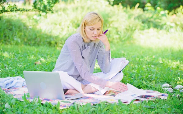 Business lady freelance work outdoors. Freelance career concept. Guide starting freelance career. Become successful freelancer. Managing business outdoors. Woman with laptop sit grass meadow