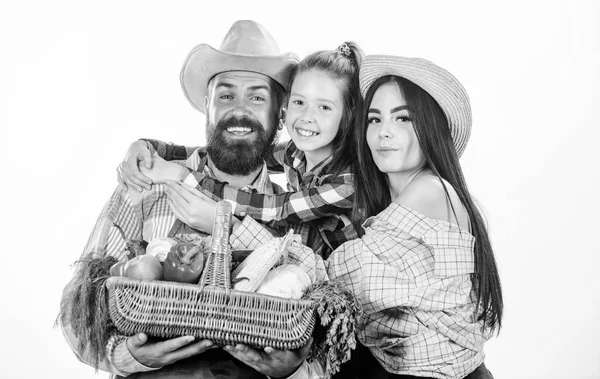 Family gardening. Parents and daughter farmers celebrate harvest holiday. Family farm concept. Family farmers hug hold basket fall harvest. Family gardeners basket harvest isolated white background — Stock Photo, Image