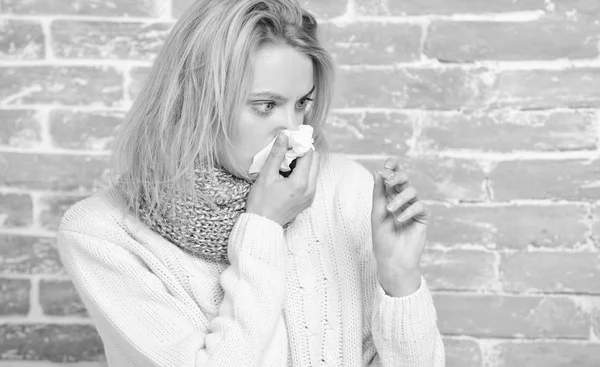 Becoming unwell with cold or flu. Sick woman holding fever thermometer. Cute ill girl measuring body temperature. Unhealthy pretty woman suffering from fever heat. Burning with fever — Stock Photo, Image