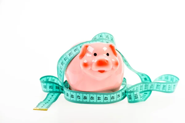 capital investment. loan concept. Take credit. low pay. Saving money. Deposit. money diet. finance and commerce. piggy bank with measurement tape. Moneybox. Economy and budget increase