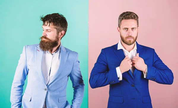 Business people fashion and formal style. Business partners with bearded faces. Business fashion luxury menswear. Formal outfit for manager. Businessman stylish appearance jacket pink blue background