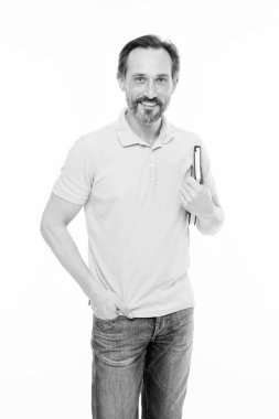 Ana sayfa eğitim ve kendini geliştirme. Yetişkin eğitimi. Asla çok geç çalışmaya. Adam tutun kitap beyaz arka plan sakallı. Hobi olarak okuma. Daha fazla bilgi. Yararlı bilgiler. Kendi eğitim
