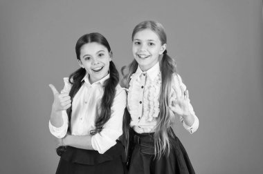 Okul dostluk kavramı. Neşeli çocuklar. En iyi arkadaşıyla ders motivasyon. Kızlar en iyi arkadaşlar okul üniforması sınıf arkadaşları. Okulda dostane ilişkiler. Okul eğitimine devam ederken arkadaşlık