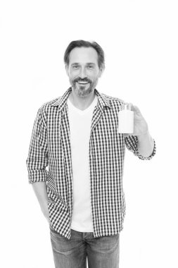 Vitamini yetişkin için karmaşık. Erkek sağlık. İlaç alıyor. Sağlık bakım ve tedavi. Vitamini bağışıklık korumak. Vitamin takviyeleri kavramı. Adam olgun sakallı adam tutun şişe ilaçlar ya da vitamin ile