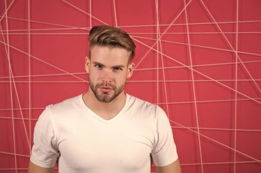 Saç stilini daha iyi yapmak için basit hack 'ler. Doğru ürün stili saç kullan. Kendine güvenen, düzgün saç stili olan. Berber saç stili ipuçları. Sakallı adam modern saç stili düşünceli ruh hali pembe arka plan